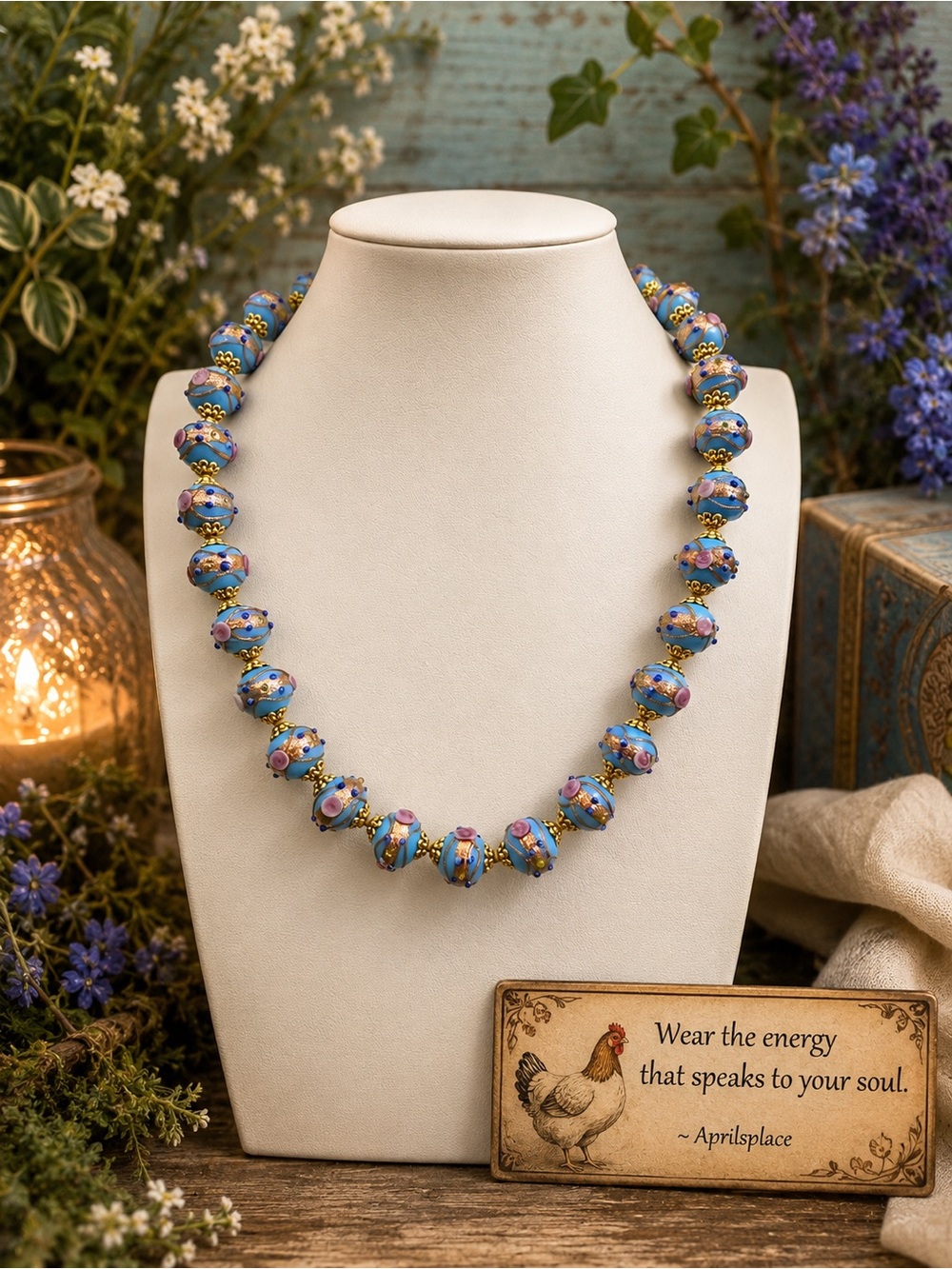#2 Flash  Blue Wedding Cake Hand Knotted Necklace with Gold Accents